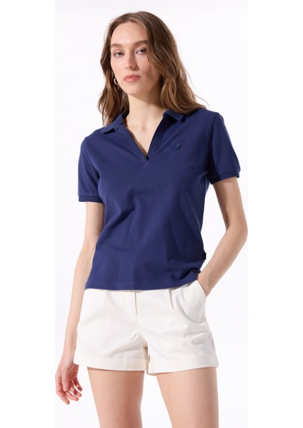 Lacivert Kadın Relaxed Düz Polo T-Shirt J5SL-TST7070