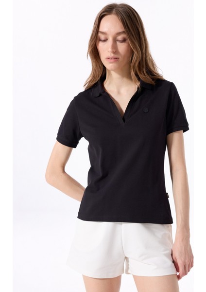 Siyah Kadın Relaxed Düz Polo T-Shirt J5SL-TST7070