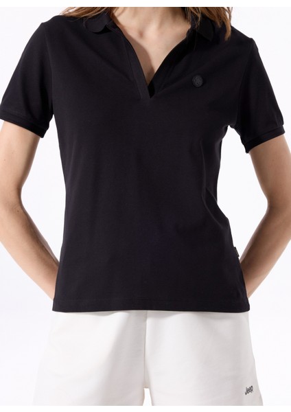Siyah Kadın Relaxed Düz Polo T-Shirt J5SL-TST7070 fırsatları