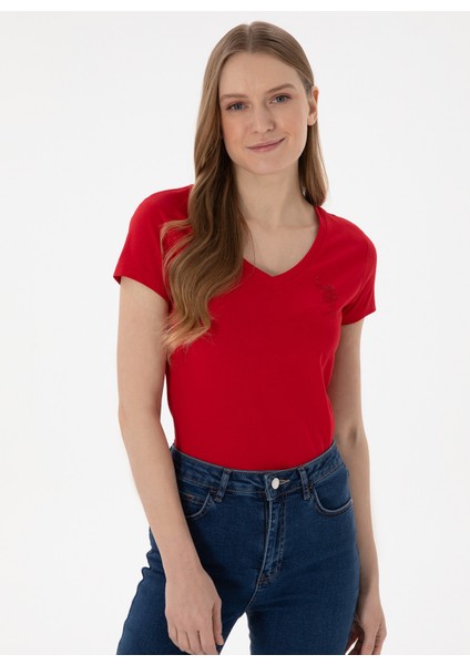 V Yaka Kırmızı Kadın T-Shirt TV0125 modelleri
