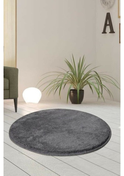 Yuvarlak Peluş Banyo Paspası, Jel Kaymaz Taban, 100x100 cm, Antrasit Renk