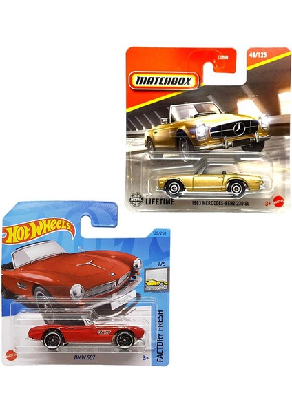 2 Araç Set Matchbox 1963 Mercedes-Benz 230 Sl - Gold & Hot Wheels Bmw 507 - Kırmızı (1/64)