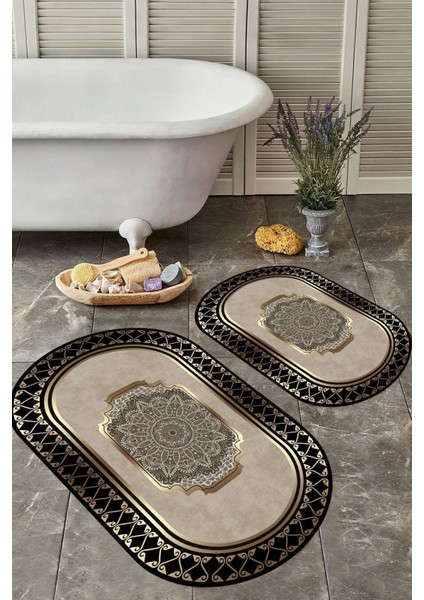 Şık Oval Banyo Paspas Takımı, Su Tutucu, Kaymaz, Yıkanabilir, Toz ve Leke Tutmaz, 2'li, 60x100