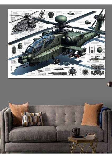 Askeri Helikopter Çizimi Dekoratif Kanvas - Mdf Ahşap Tablo