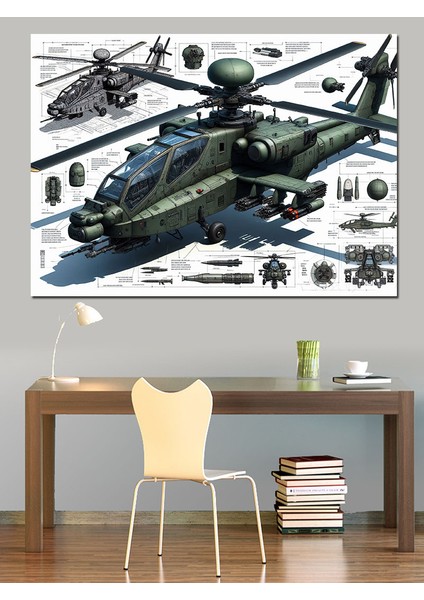 Askeri Helikopter Çizimi Dekoratif Kanvas - Mdf Ahşap Tablo