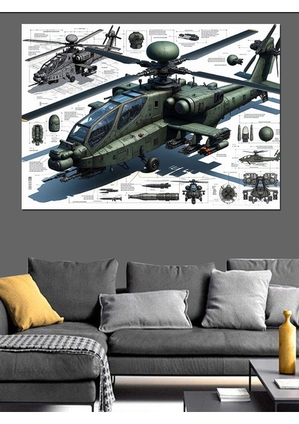 Askeri Helikopter Çizimi Dekoratif Kanvas - Mdf Ahşap Tablo