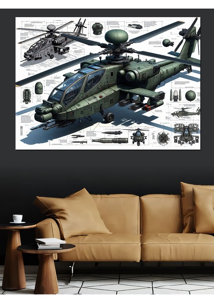 Askeri Helikopter Çizimi Dekoratif Kanvas - Mdf Ahşap Tablo
