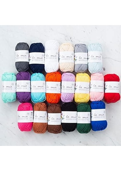 Mia Mini Mercerized Cotton 20'li Paket Renkli El Örgü İpi, Karışık RENKLI%100 Merserize Pamuk El Örgü İpliği, Her Biri 25 Gram / 67 Metre