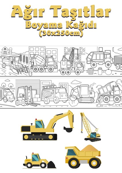 Ağır Taşıtlar Temalı Dev Boyama Kağıdı 2,5 Metre Rulo Boyama Kağıdı - Çocuk Eğitici Boyama