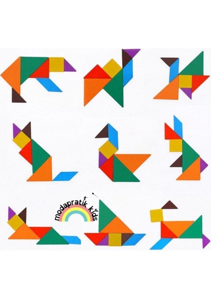 Ahşap Kare Tangram Zeka Oyunu Renkli 7 Parça 11X11CM modelleri