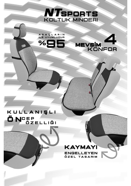 Nt Sport Serisi 7 Parça Su Geçirmez Keten Araba Koltuk Minderi - Siyah / Gri modelleri