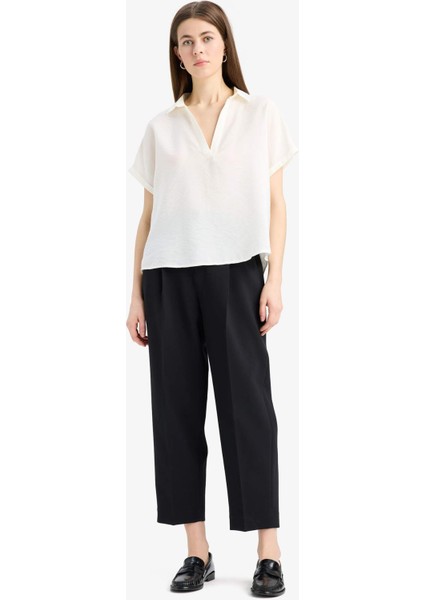 Comfort Fit Gömlek Yaka Basic Düz Kısa Kollu Bluz E5989AX25SP