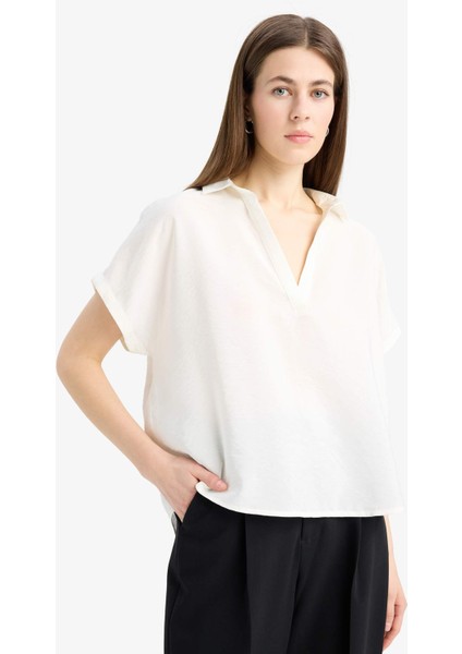 Comfort Fit Gömlek Yaka Basic Düz Kısa Kollu Bluz E5989AX25SP