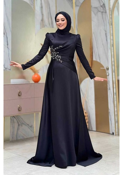 Taş Detaylı Saten Abiye 7027 Siyah