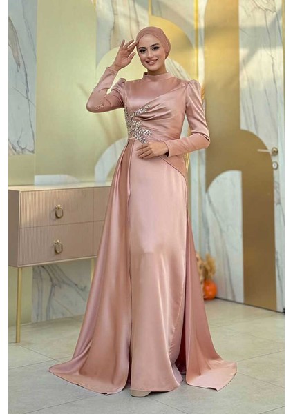 Taş Detaylı Saten Abiye 7027 Vizon