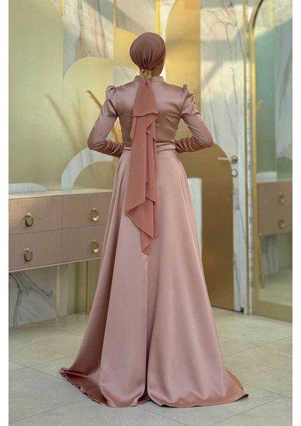 Taş Detaylı Saten Abiye 7027 Vizon fiyatları