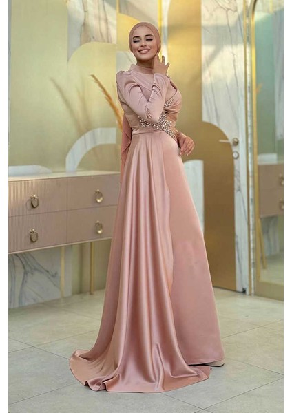 Taş Detaylı Saten Abiye 7027 Vizon modelleri