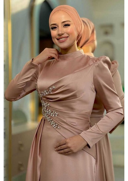 Taş Detaylı Saten Abiye 7027 Vizon fırsatları