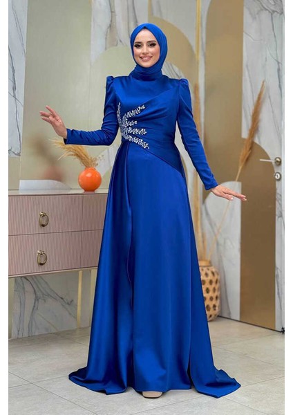 Taş Detaylı Saten Abiye 7027 Lacivert