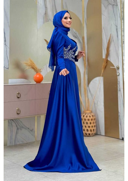 Taş Detaylı Saten Abiye 7027 Lacivert
