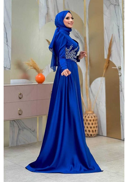 Taş Detaylı Saten Abiye 7027 Lacivert