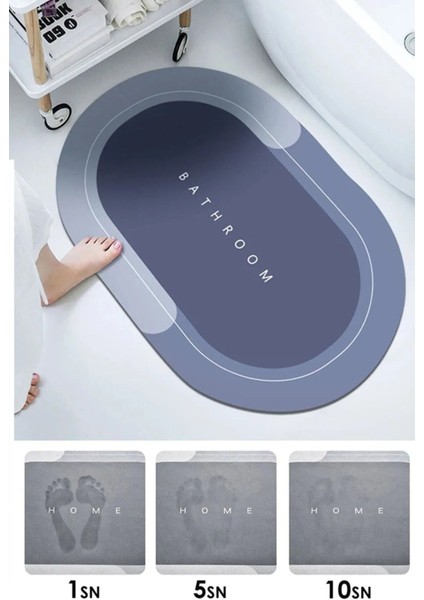 Mavi su emici banyo paspası, kaymaz taban, 60x33 cm, 3,5 mm, tek parça