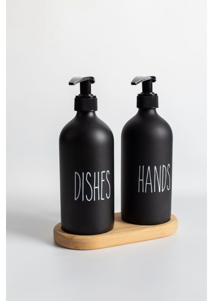 Şık 2'li Siyah Cam Sıvı Sabunluk ve Bambu Tepsili Set, 500ml