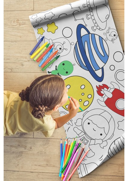 Uzay ve Gezegenler Dev Boyama Kağıdı 2.5 Metre Tatil Aktivite Rulosu - Çocuk Eğitici Rulo Kağıt