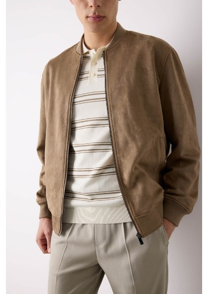 Slim Fit Süet Bomber Mont Ceket Dar Kesim Kolej Yaka Fermuarlı Çift Cepli Mevsimlik Baharlık Hafif A3866AX25SP