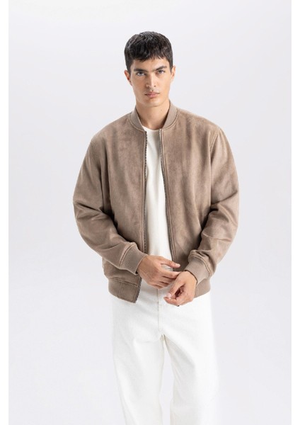 Slim Fit Süet Bomber Mont Ceket Dar Kesim Kolej Yaka Fermuarlı Çift Cepli Mevsimlik Baharlık Hafif A3866AX25SP