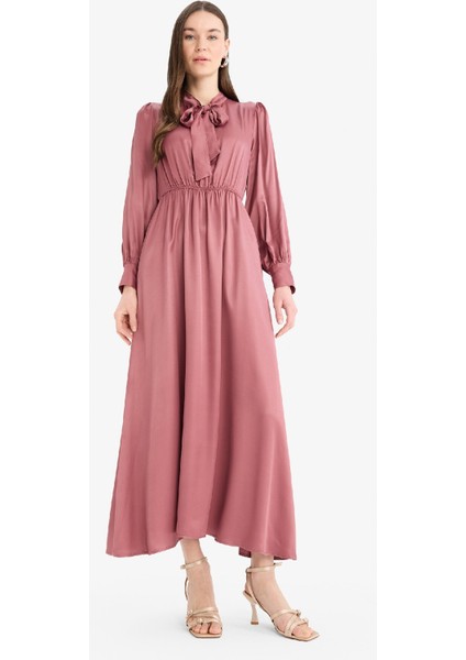 Regular Fit Fiyonk Yaka Saten Uzun Kollu Midi Elbise F0819AX25SP