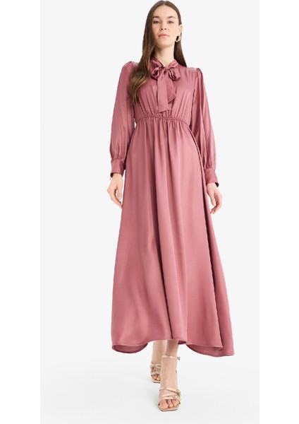 Regular Fit Fiyonk Yaka Saten Uzun Kollu Midi Elbise F0819AX25SP