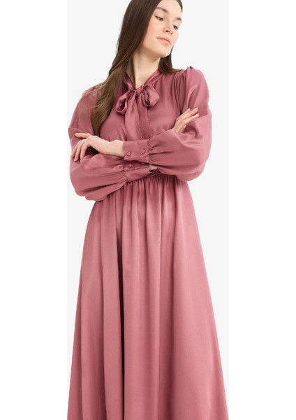 Regular Fit Fiyonk Yaka Saten Uzun Kollu Midi Elbise F0819AX25SP