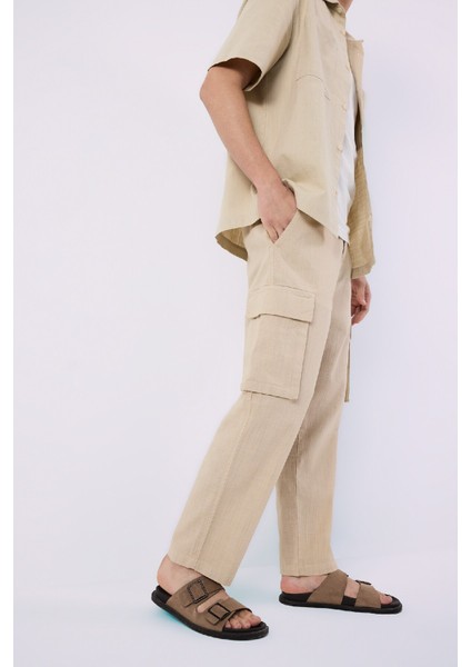 Wide Leg Bol Rahat Kesim Kargo Cepli Keten Görünümlü Yazlık Pantolon B9407AX24SM