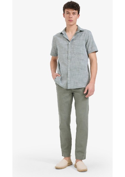 %100 Pamuk Keten Görünümlü Pantolon Beli Lastikli Slim Fit Dar Kesim Cepli Düz Paça D2671AX25SM