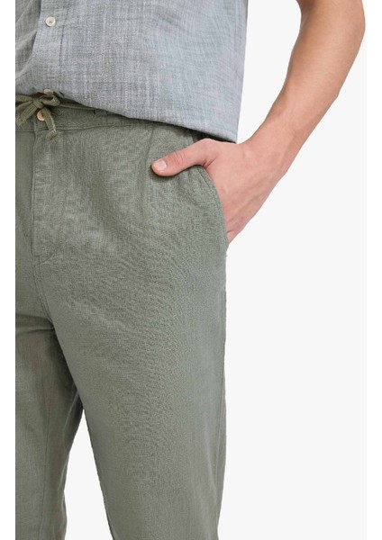 %100 Pamuk Keten Görünümlü Pantolon Beli Lastikli Slim Fit Dar Kesim Cepli Düz Paça D2671AX25SM
