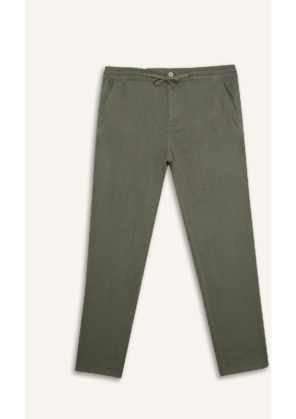 %100 Pamuk Keten Görünümlü Pantolon Beli Lastikli Slim Fit Dar Kesim Cepli Düz Paça D2671AX25SM