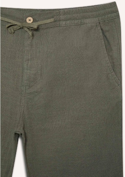 %100 Pamuk Keten Görünümlü Pantolon Beli Lastikli Slim Fit Dar Kesim Cepli Düz Paça D2671AX25SM