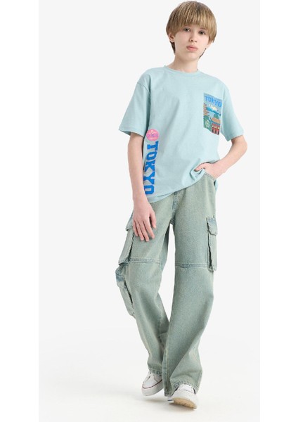 Erkek Çocuk Esnek Belli Kargo Cepli Düz Paça Jean Pantolon D7088A825SP