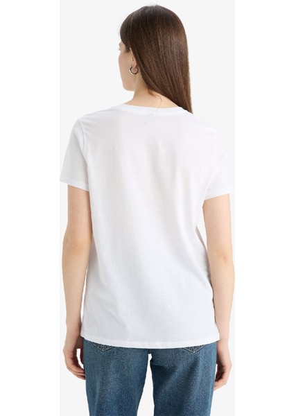 Relax Fit Bisiklet Yaka Baskılı Penye Kısa Kollu Tişört E5541AX25SM