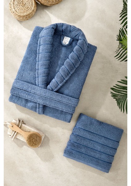 Mavi %100 pamuklu şık banyo bornoz takımı, konfor ve tarz bir arada, set veya tek.
