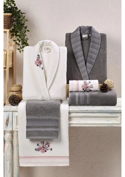 Yumuşak pamuk nakışlı 6 parçalık aile bornoz seti, antrasit ve ekru renk seçenekleri fiyatları