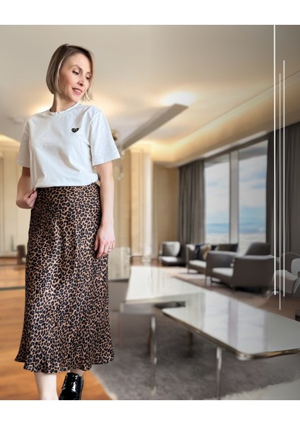 Leopar Desenli Saten Verev Etek