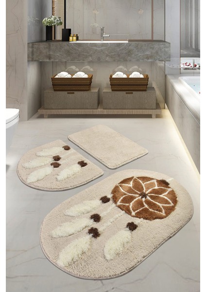Rüya Kahve 3'lü Set Banyo Halısı Yıkanabilir Kaymaz Taban Akrilik