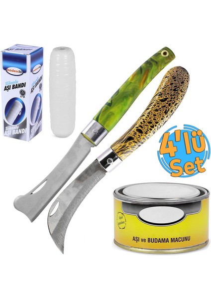 (4'LÜ SET) Eğri ve Düz Uçlu Aşı Bıçağı Bağ Bıçağı Çakısı Aşı Bandı + Aşı Macunu