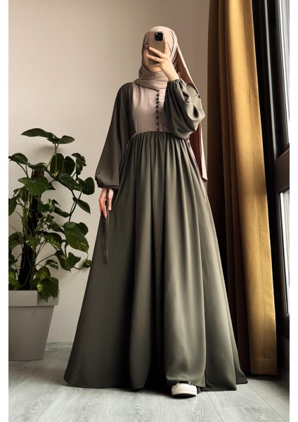 Düğmeli Garni Elbise-Haki/ Bej