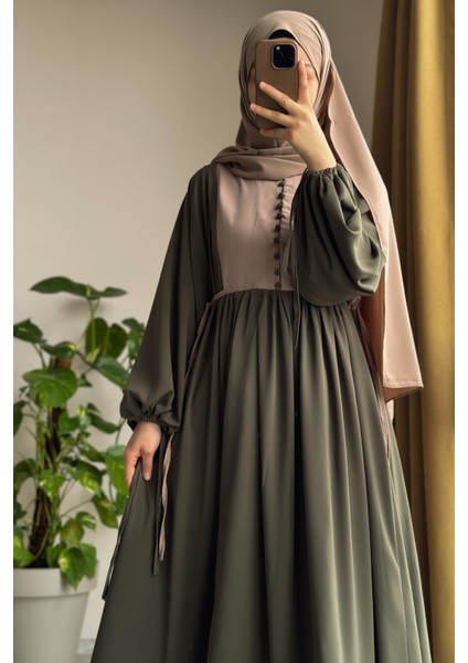 Düğmeli Garni Elbise-Haki/ Bej fiyatları