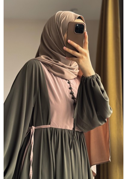 Düğmeli Garni Elbise-Haki/ Bej modelleri