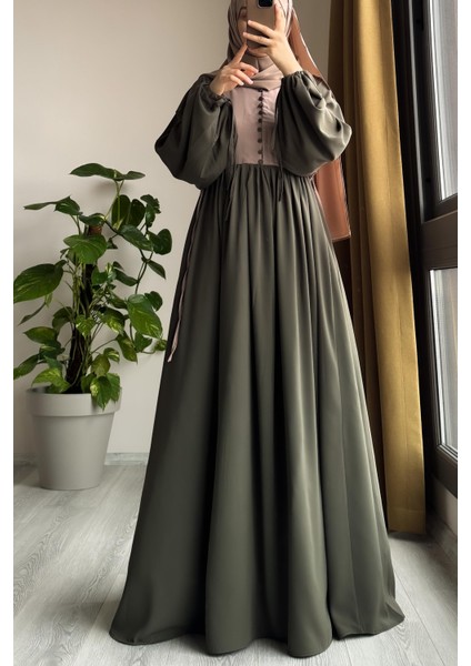 Düğmeli Garni Elbise-Haki/ Bej fırsatları