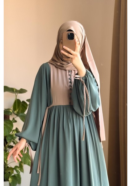 Düğmeli Garni Elbise - Mint/ Bej
